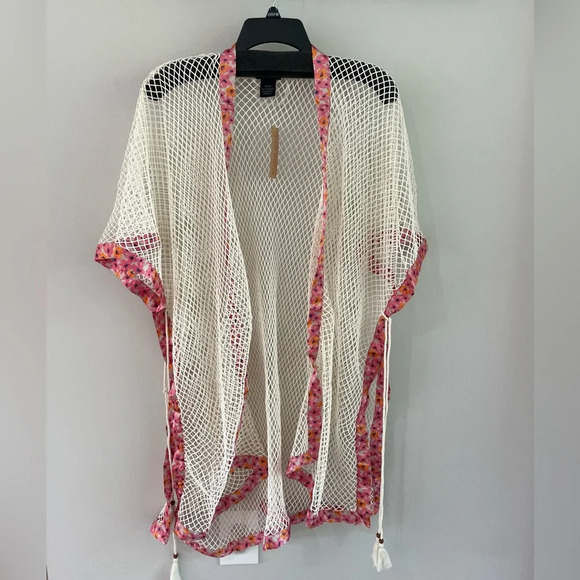 Steve Madden Open Weave Topper - Ivory/Pink Floral Mesh Kimono - NWT - Picture 6 of 11